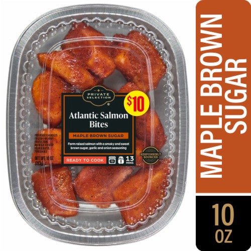 slide 1 of 1, Private Selection® Maple Brown Sugar Farm Raised Atlantic Salmon Bites Pan, 10 oz