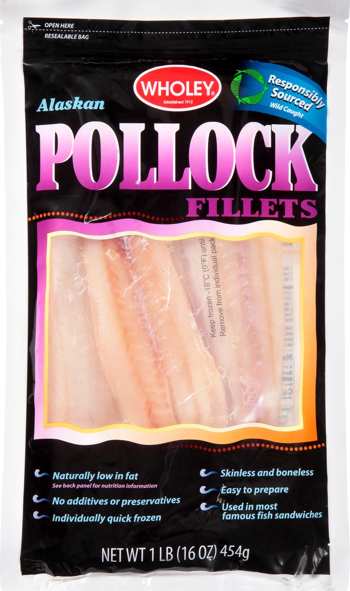 slide 8 of 13, Wholey Alaskan Fillets Pollock 1 lb, 1 lb