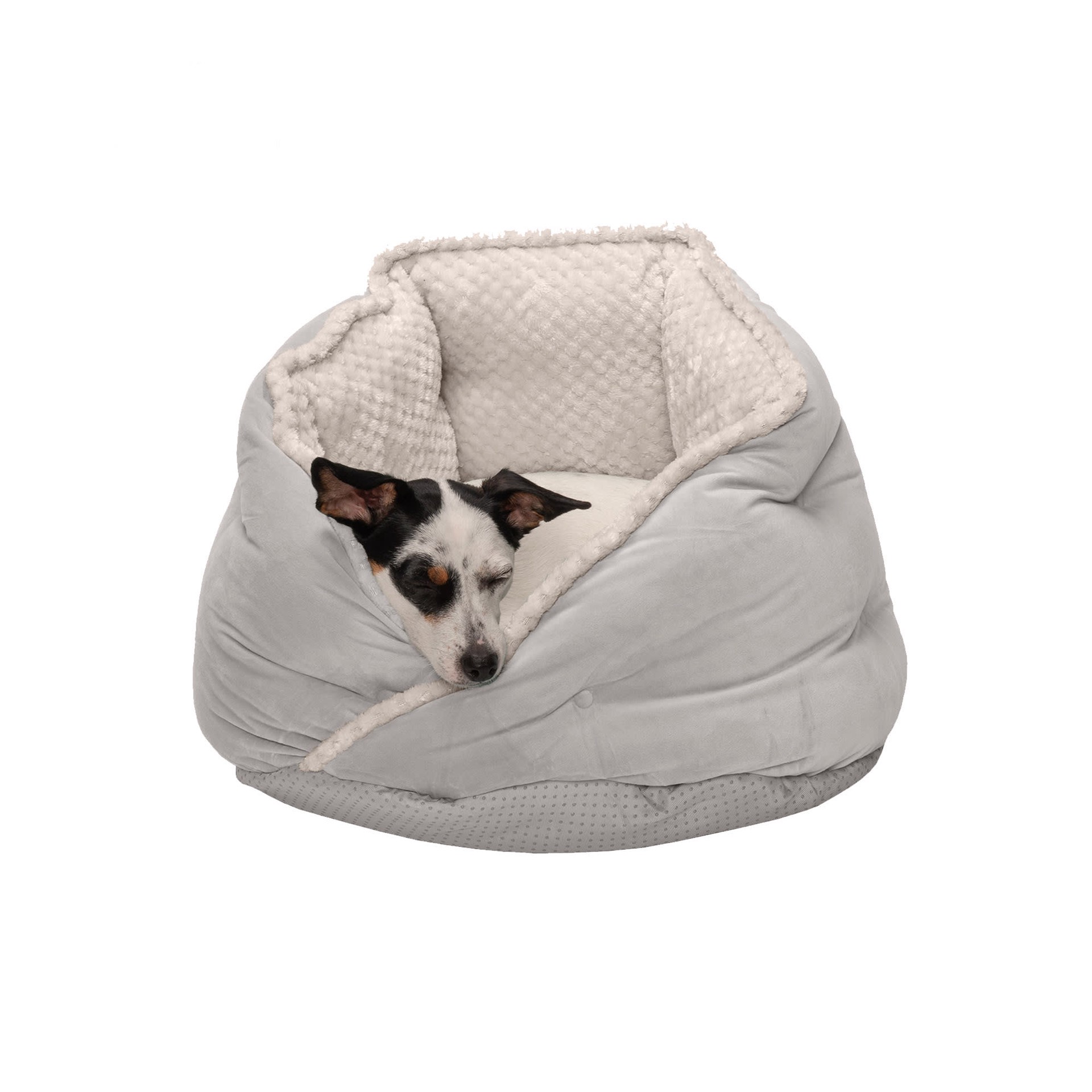 slide 1 of 1, Furhaven Round Teacup Minky Plush & Velvet Calming Washable Hug Nest Dog Bed, 18" L, Small, Silver Gray, 18 in