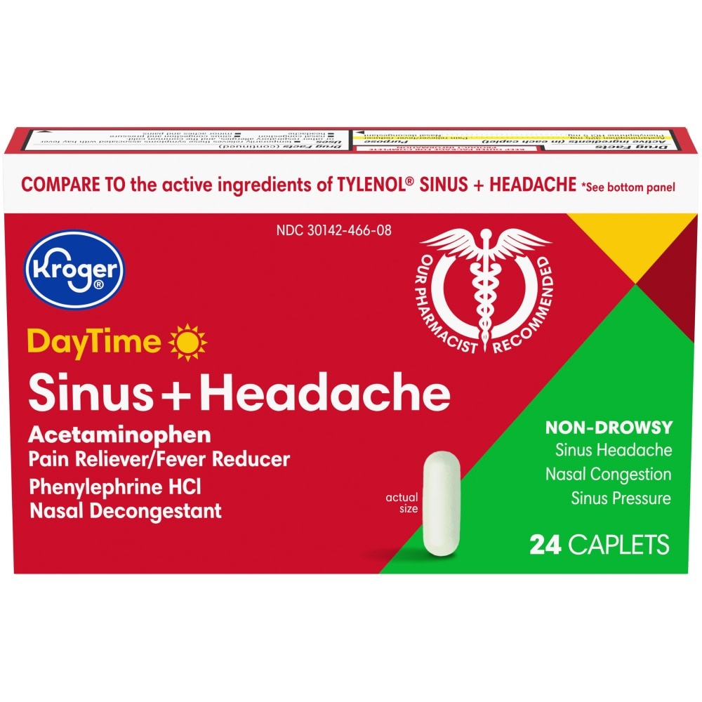 slide 1 of 1, Kroger Daytime Sinus + Headache Reliever Caplets, 24 ct