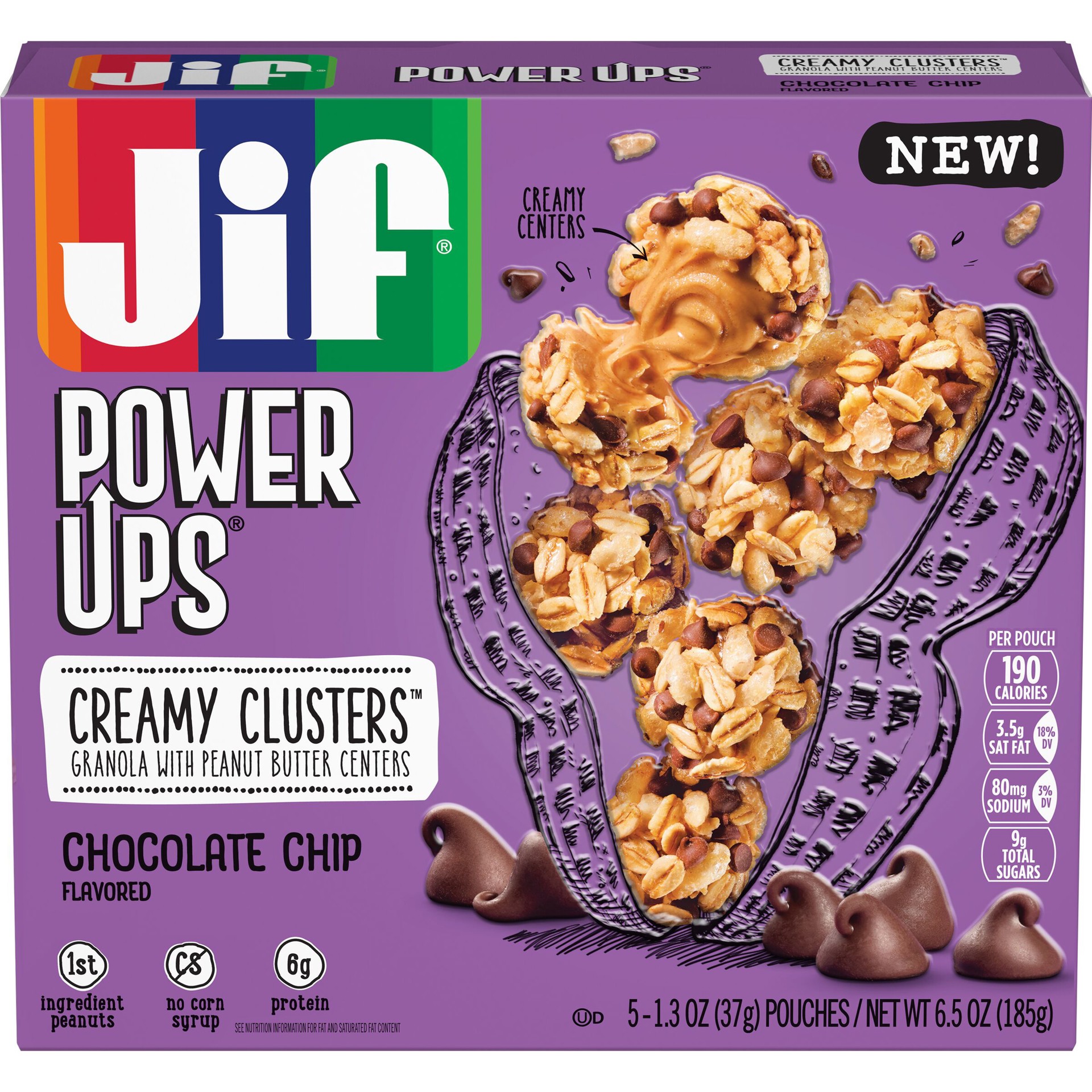 slide 1 of 5, Jif Power Ups Chocolate Chip Peanut Butter Clusters, 6.5-Ounce, 5 Count, 6.5 oz