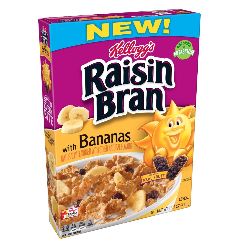 slide 1 of 7, Raisin Bran with Bananas Breakfast Cereal - Kellogg's, 14.5 oz