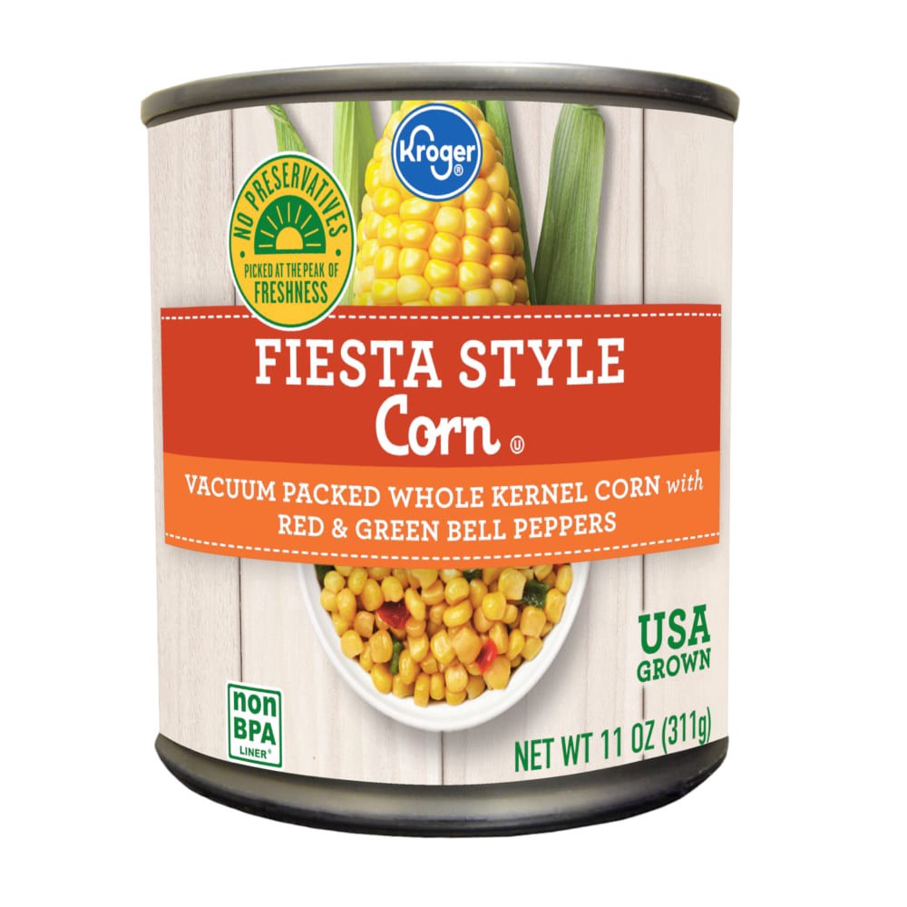 slide 1 of 6, Kroger Whole Kernel Corn with Red & Green Bell Peppers Vacuum Packed, 11 oz