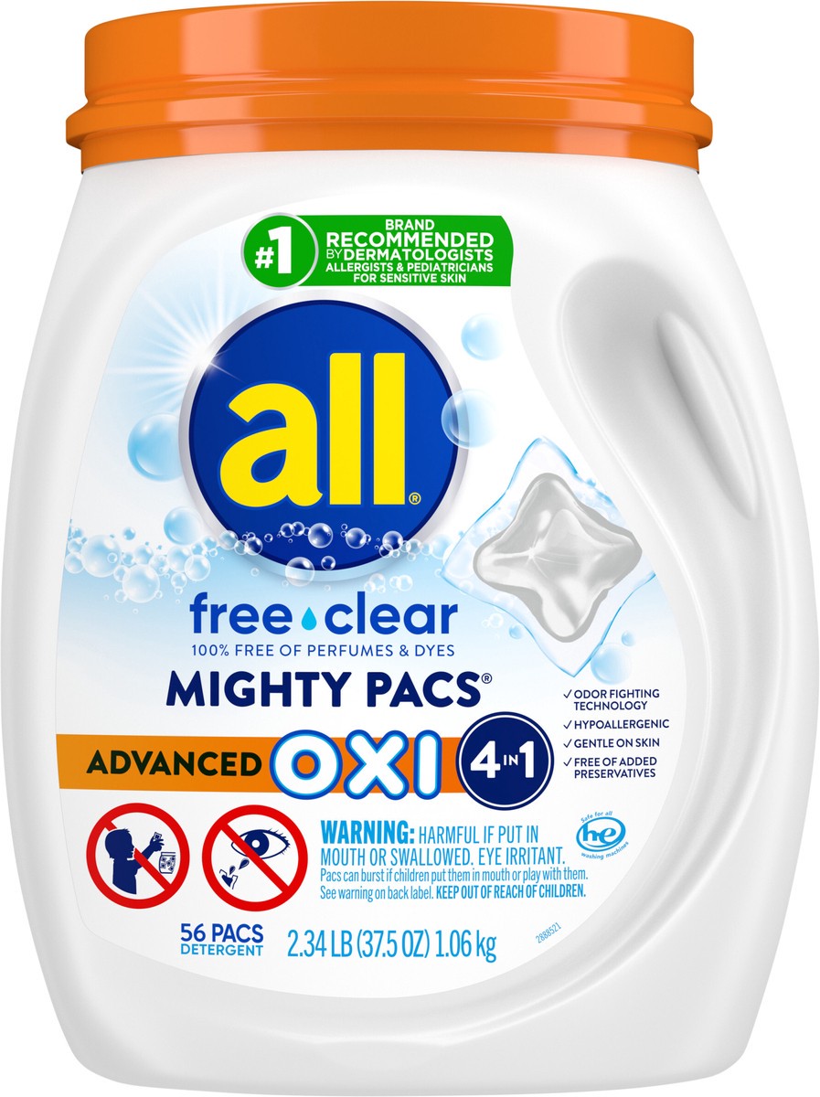 slide 2 of 3, All Laundry Detergent Pacs, Mighty Pacs with OXI Stain Removers and Whiteners, Free Clear, Unscented and Dye Free, 56 Count, 56 ct