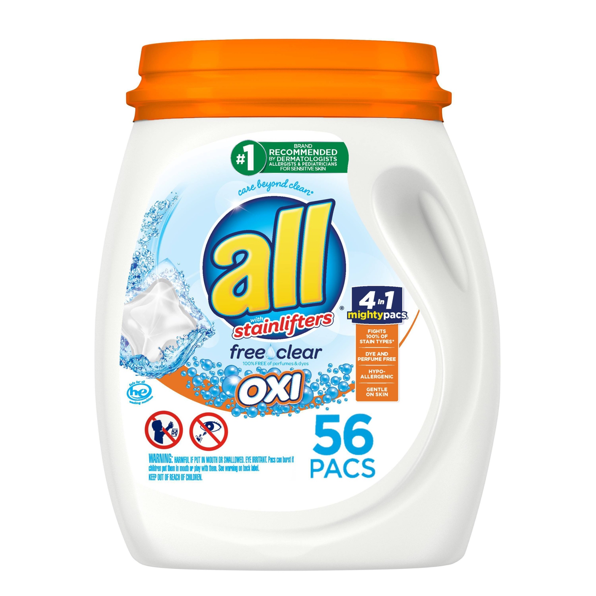 slide 1 of 3, All With Stainlifters Free & Clear Oxi Laundry Detergent Pacs, 56 ct
