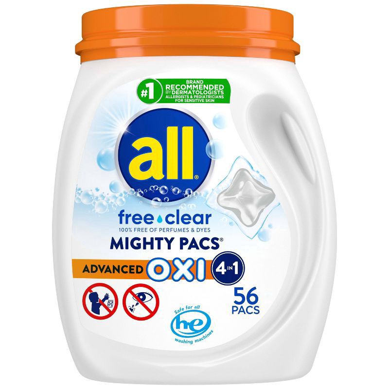 slide 1 of 3, All Laundry Detergent Pacs, Mighty Pacs with OXI Stain Removers and Whiteners, Free Clear, Unscented and Dye Free, 56 Count, 56 ct