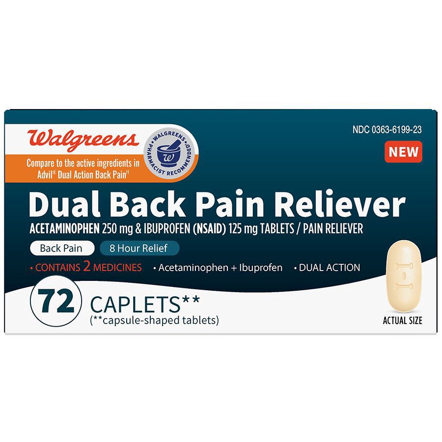 slide 1 of 5, Walgreens Dual Action Acetaminophen & Ibuprofen (NSAID) Tablets, 250 mg/125 mg, Back Pain, 72 ct