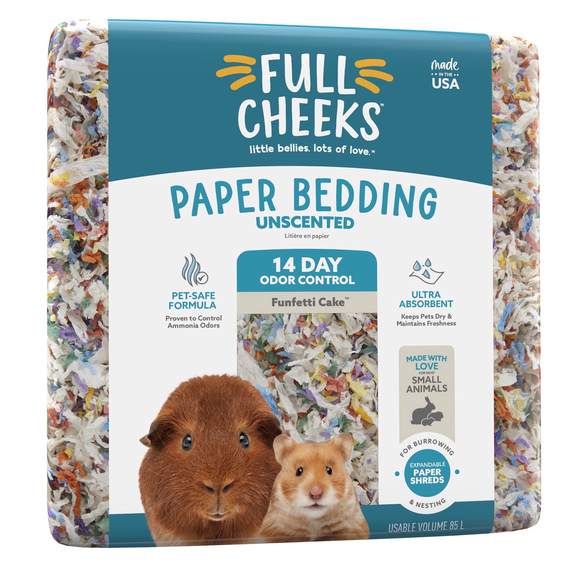 slide 1 of 1, Full Cheeks Odor Control Small Pet Paper Bedding - Funfetti Cake, 85 liter