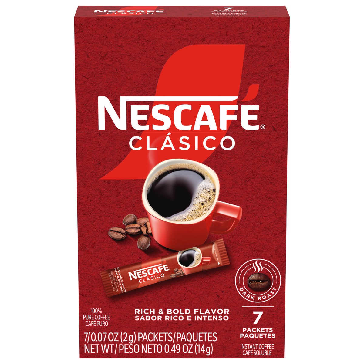 slide 1 of 13, NESCAFÉ CLÁSICO, Instant Coffee Packets, Dark Roast, 1 Box (7 Packets), 0.49 oz