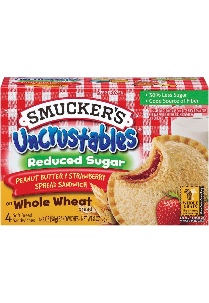 slide 1 of 1, Smucker's Uncrustables Peanut Butter and Strawberry Spread Sandwich on Whole Wheat with Reduced Sugar, 4 ct