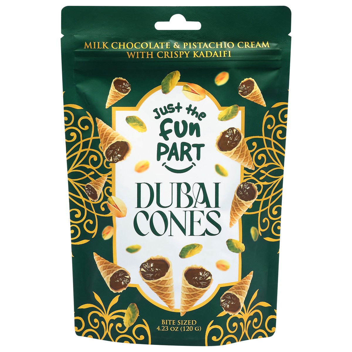 slide 1 of 14, Just the Fun Part Milk Chocolate & Pistachio Cream with Crispy Kadaifi Bite Sized Dubai Cones 4.23 oz, 4.23 oz