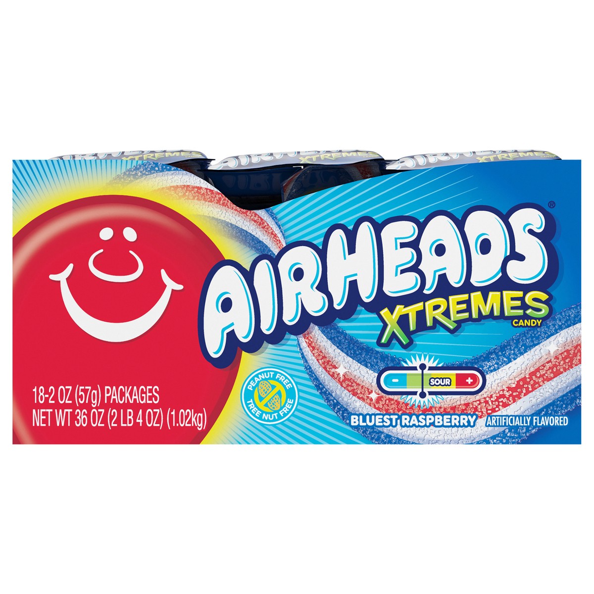 slide 1 of 8, Airheads Xtremes Sweetly Sour Bluest Raspberry Belts Candy, 2 ounce Packs (Pack of 18), 18 ct