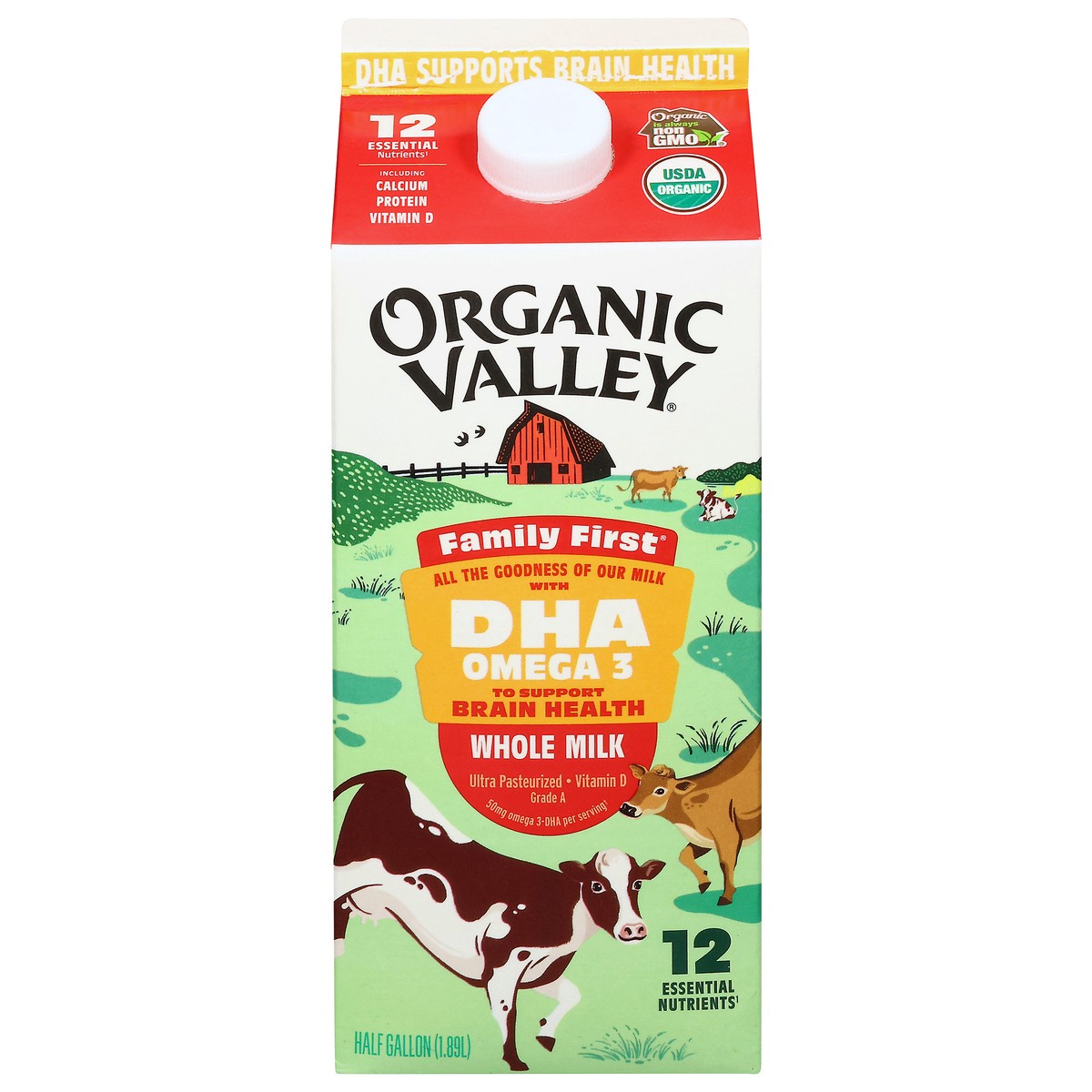 slide 1 of 14, Organic Valley Family First Whole Milk 0.5 gal, 1/2 gal