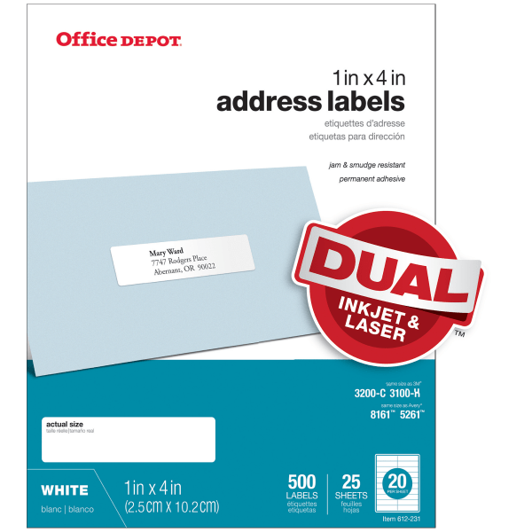 slide 1 of 1, Office Depot Brand White Inkjet/Laser Address Labels, 505-O004-0006, 1'' X 4'', Pack Of 500, 500 ct