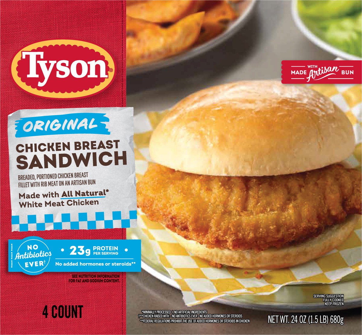 slide 2 of 8, Tyson Original Chicken Breast Sandwich, 24 oz, 4 ct Box, 680.39 g