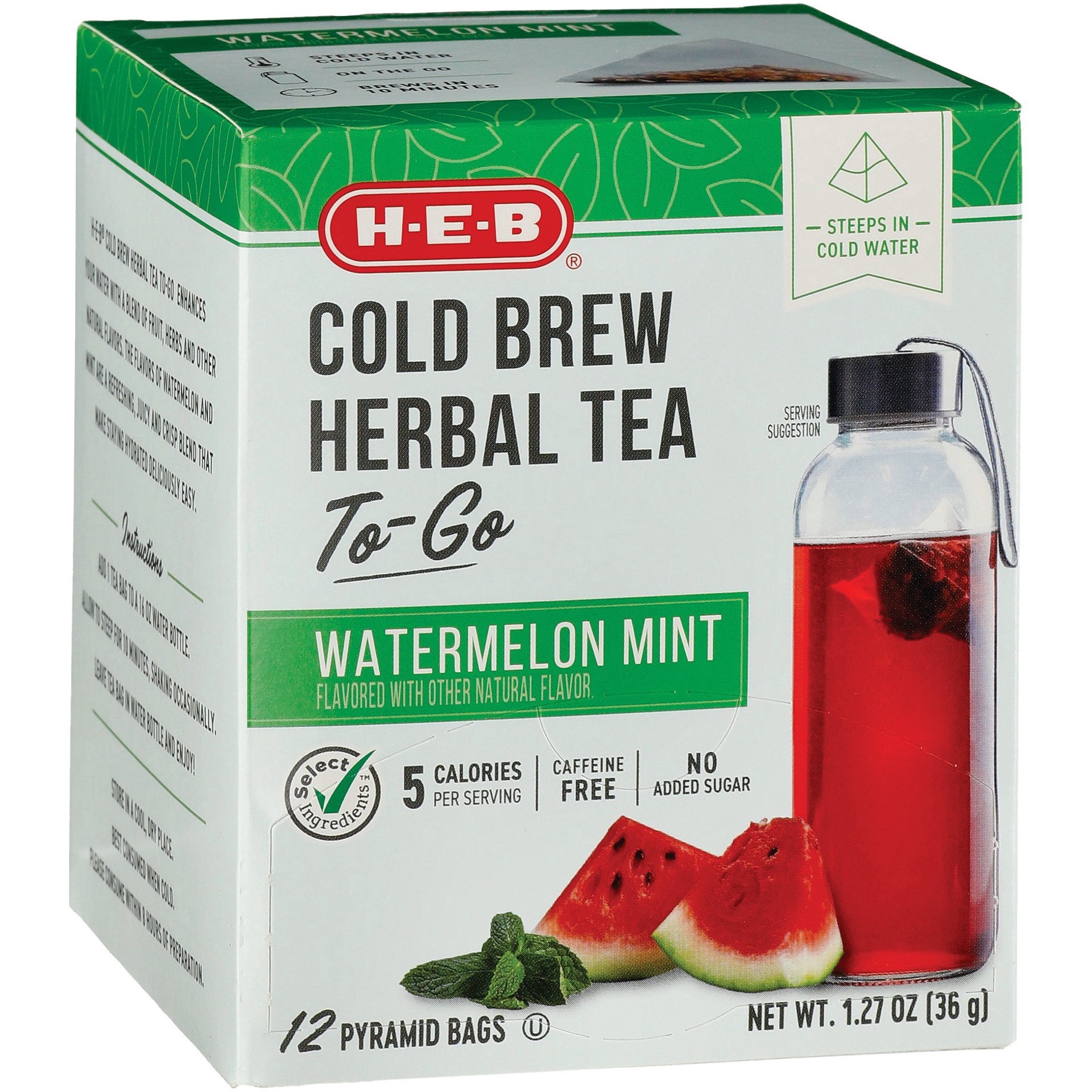 slide 1 of 1, H-E-B Cold Brew Herbal Tea to Go - Watermelon Mint, 12 ct