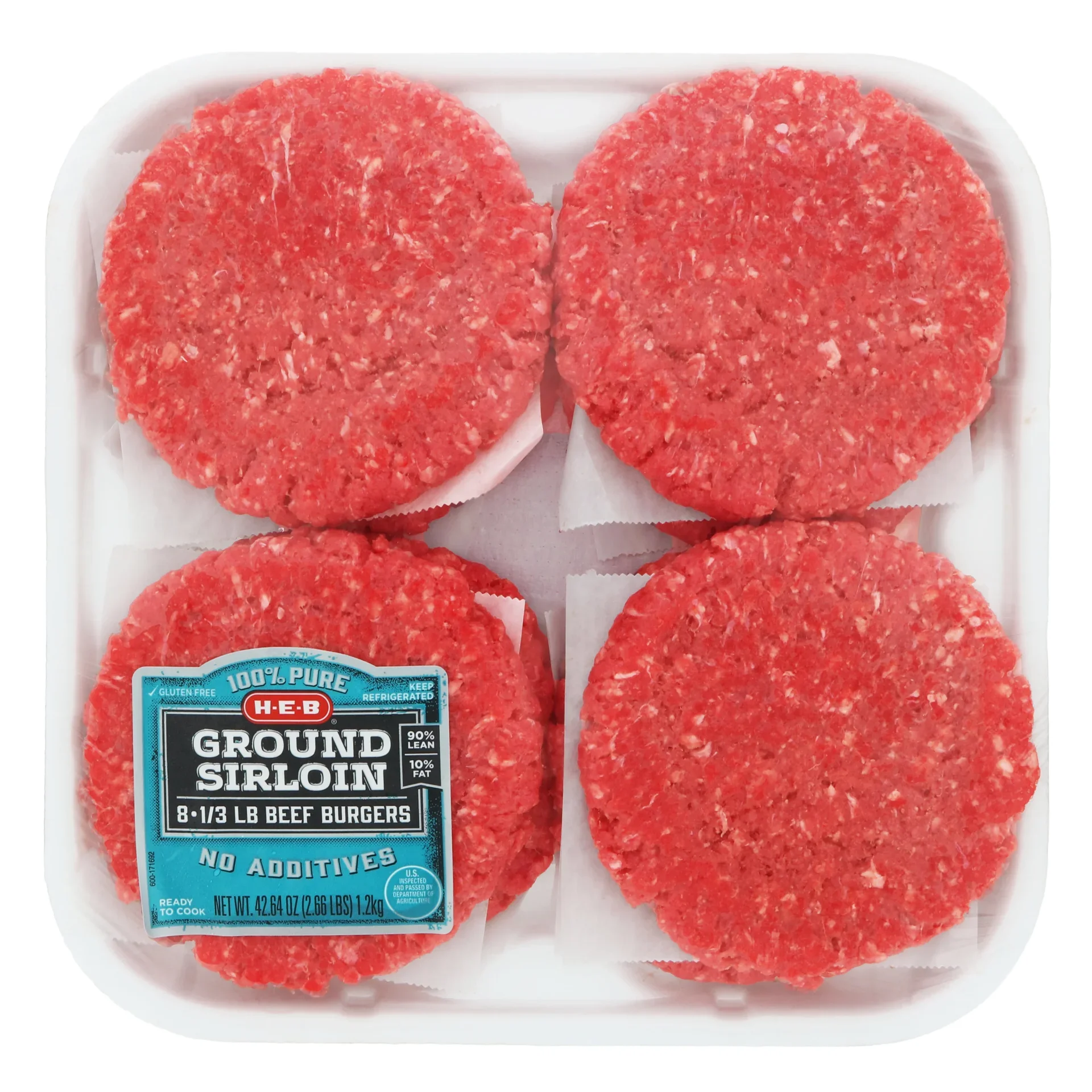 slide 1 of 1, H-E-B Ground Beef Sirloin 1/3 lb Burger Patties, 90% Lean - Value Pack, 8 ct