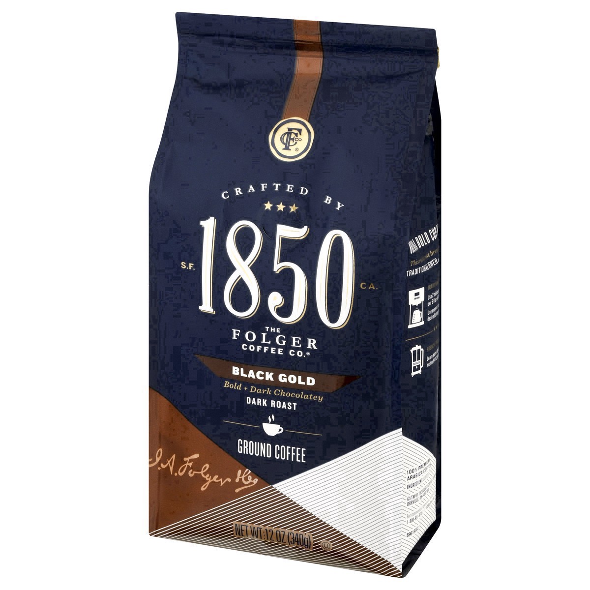 slide 22 of 31, 1850 Black Gold Ground Coffee, 12 oz