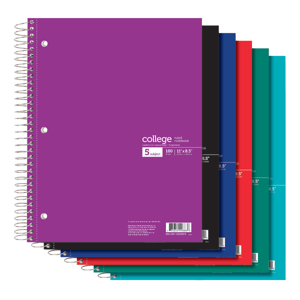 slide 1 of 1, Office Depot Brand Wirebound Notebook, 3-Hole Punched, 8 1/2'' X 11'', 5 Subjects, College Ruled, 180 Sheets, Assorted Colors (No Color Choice), 180 ct