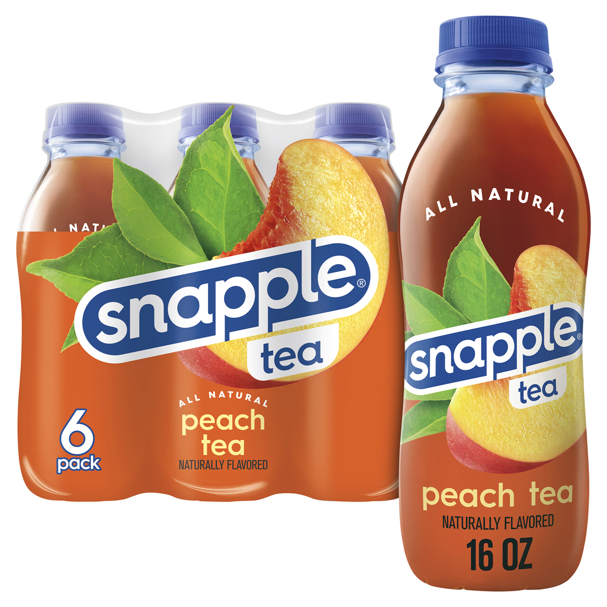 slide 1 of 7, Snapple Peach Tea, 16 fl oz recycled plastic bottle, 6 pack - 6 ct, 6 ct