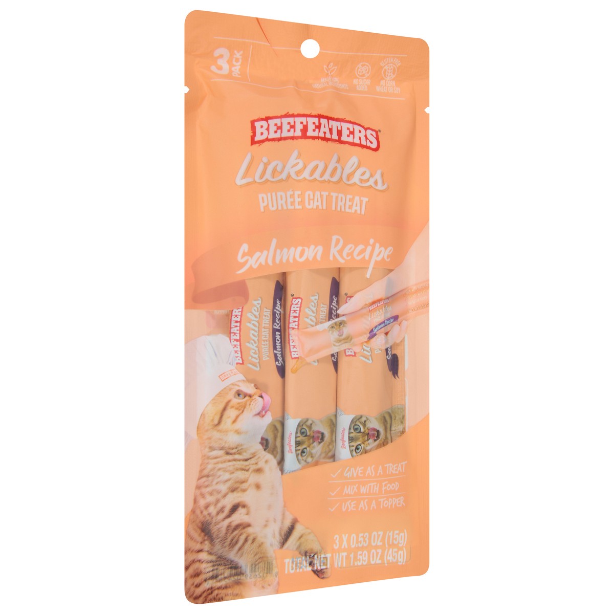 slide 10 of 13, Beefeaters Lickables Puree Salmon Recipe Cat Treat 3 - 0.53 oz Packs, 3 ct