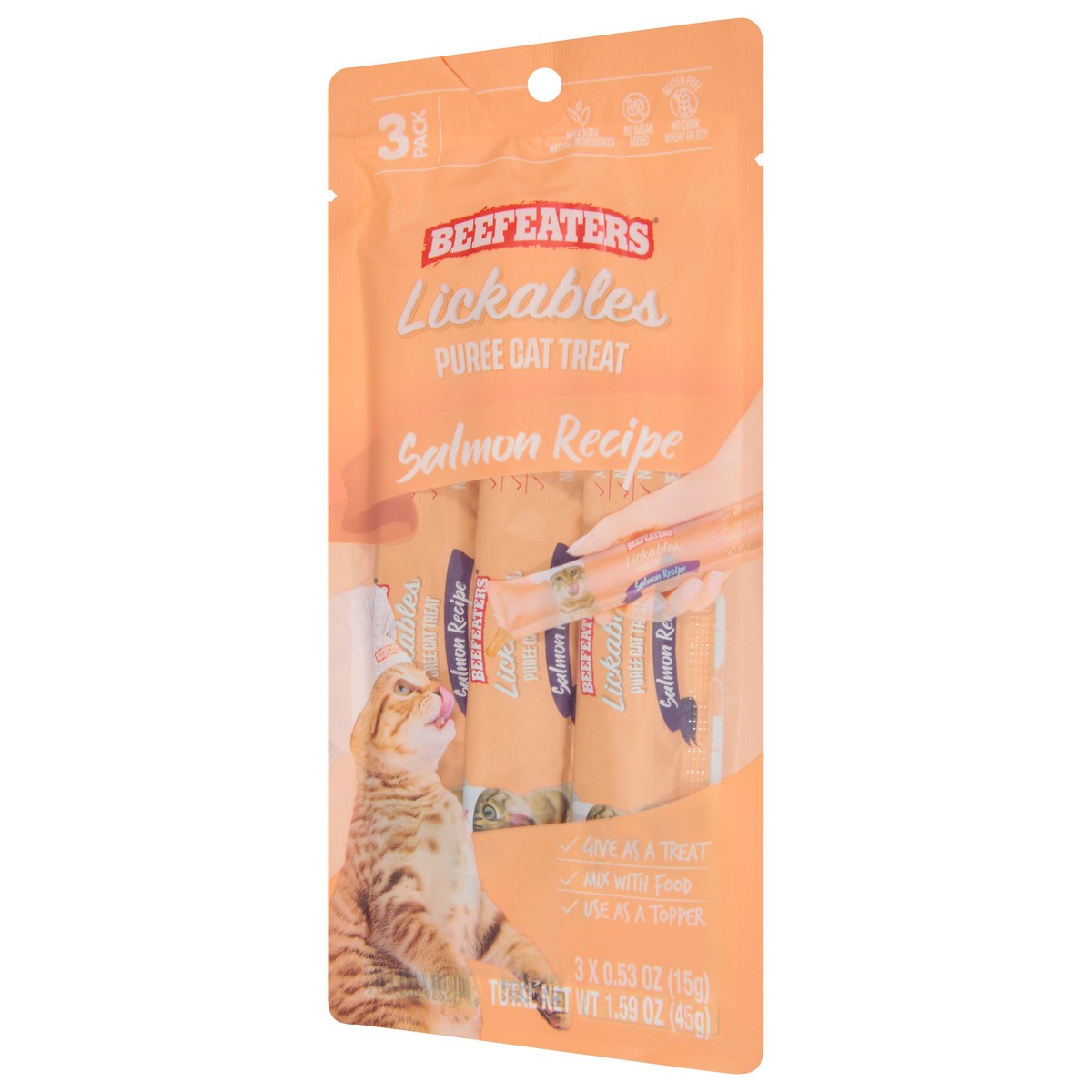 slide 7 of 13, Beefeaters Lickables Puree Salmon Recipe Cat Treat 3 - 0.53 oz Packs, 3 ct