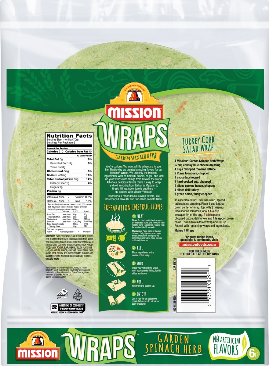 slide 10 of 10, Mission Wraps Garden Spinach Herb Tortillas, 6 ct
