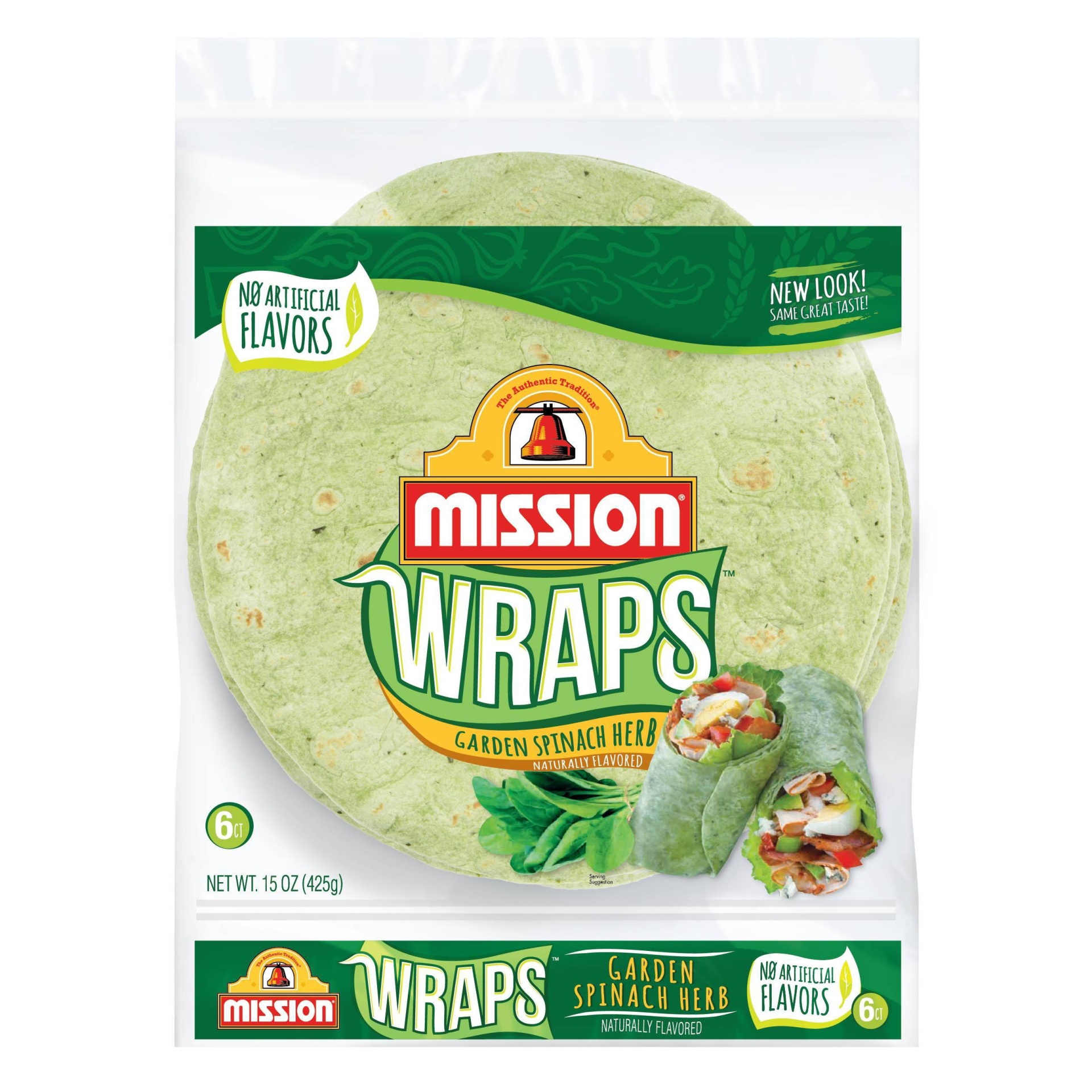 slide 1 of 4, Mission Wraps Garden Spinach Herb Tortillas, 6 ct