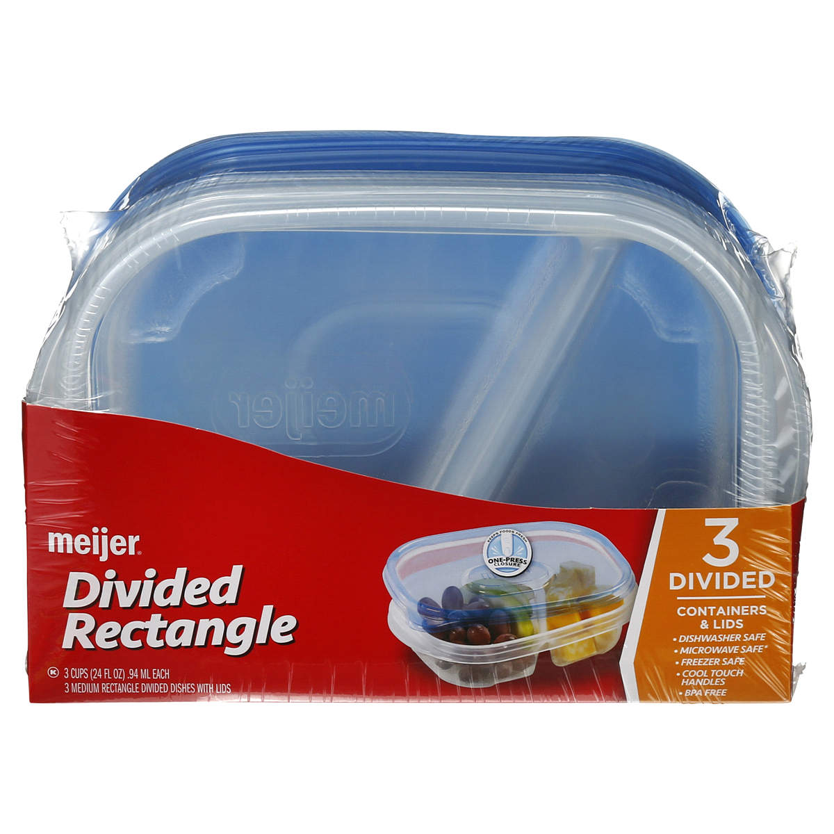 slide 1 of 1, Meijer Divided Rectangle Food Containers, 3 ct