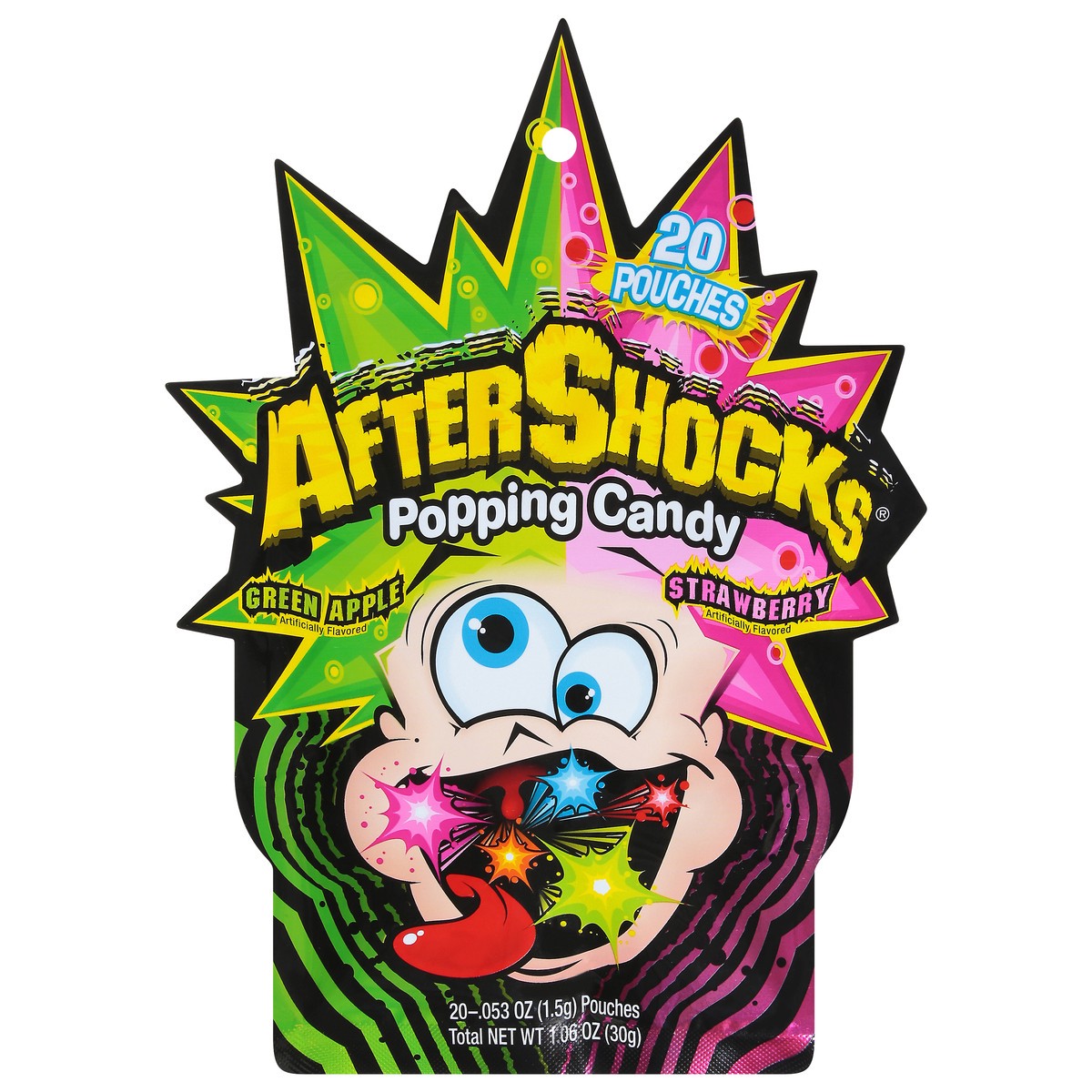 slide 1 of 3, After Shock Green Apple/Strawberry Popping Candy 20 - 0.053 oz Pouches, 20 ct