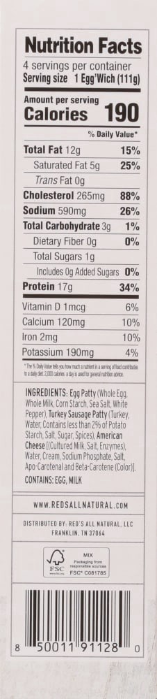 slide 2 of 2, Red's, Turkey Sausage Egg'wich, 3.9oz, 4 PK, 4 ct