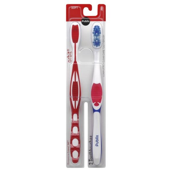 slide 1 of 1, Publix Toothbrushes, Orbit, Full, Soft, 2 ct