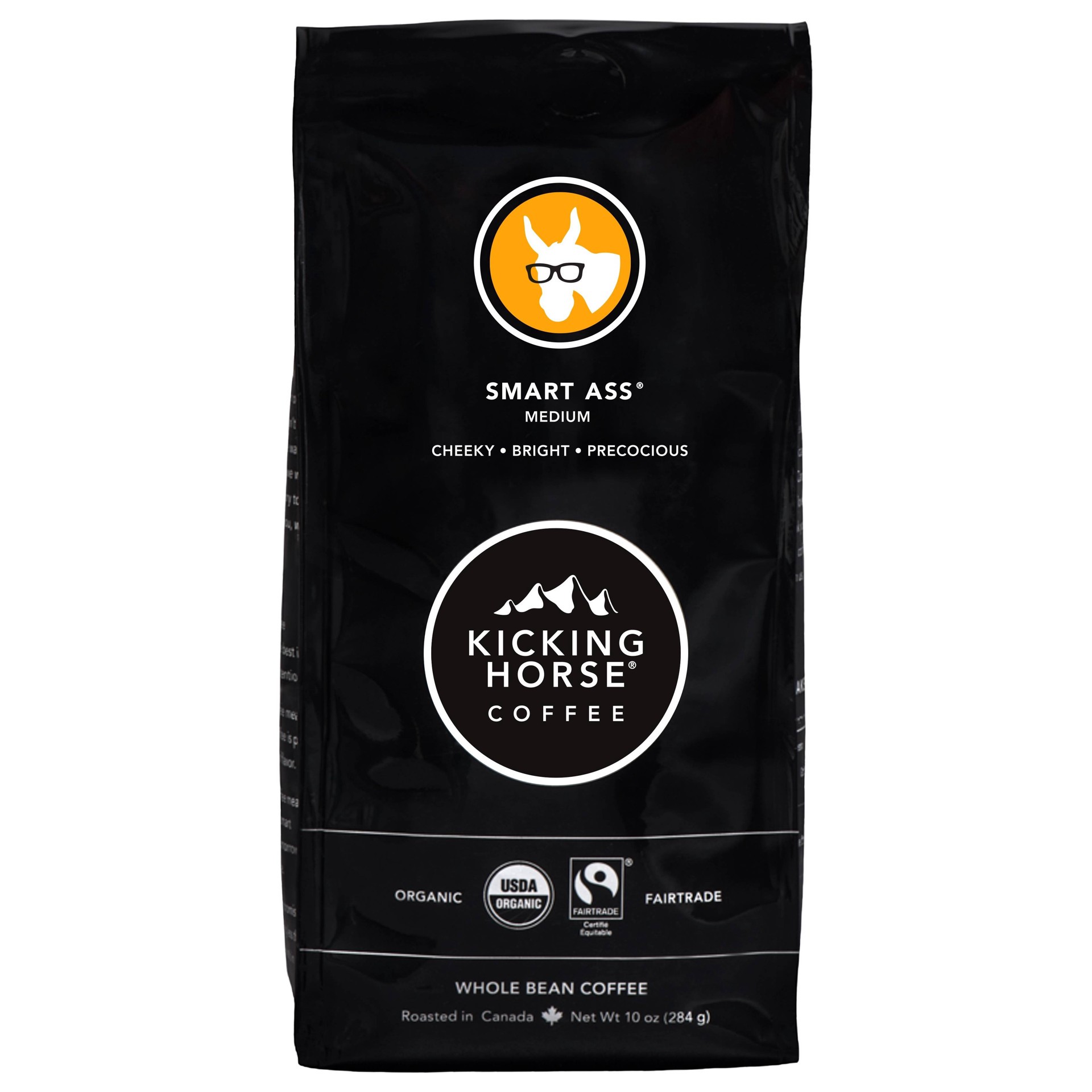 slide 1 of 4, Kicking Horse Coffee Kicking Horse Smart Ass Medium Roast Fair Trade Certified Organic Whole Bean Coffee- 10 oz, 10 oz