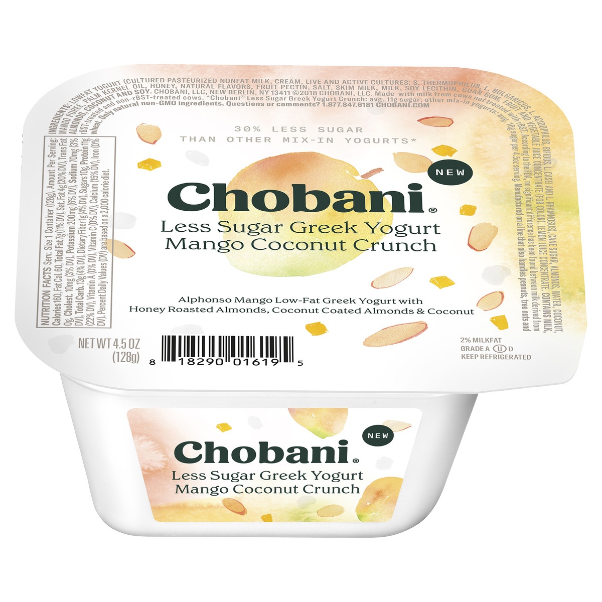 slide 1 of 1, Chobani Less Sugar Mango Coconut Crunch Low-Fat Greek Yogurt, 4.5 oz