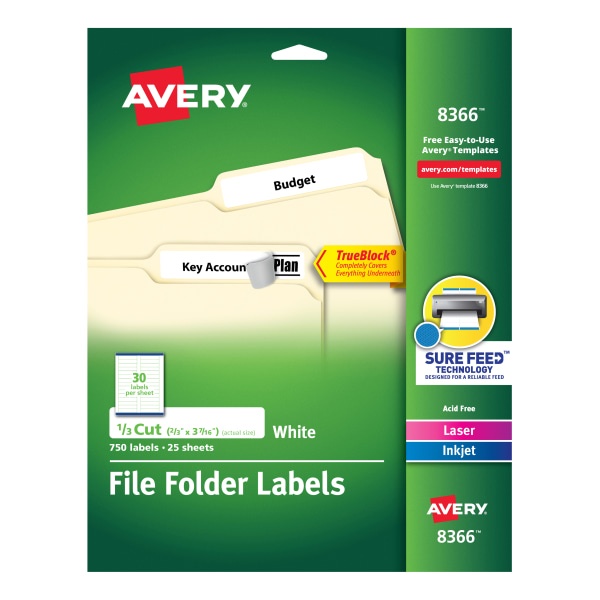 slide 1 of 5, Avery 08366, Permanent File Folder Labels, TrueBlock, Laser/Inkjet, White, 750 ct