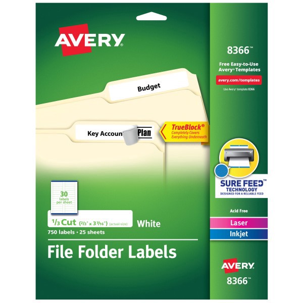 slide 1 of 8, Avery 08366, Permanent File Folder Labels, TrueBlock, Laser/Inkjet, White, 750 ct