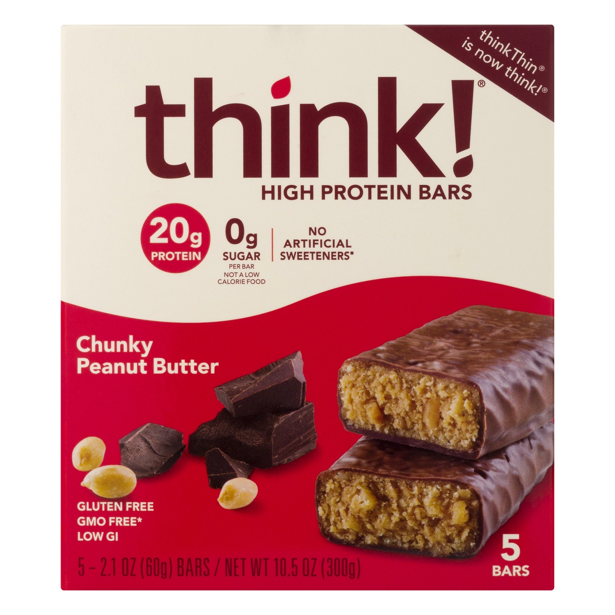 slide 1 of 2, thinkThin think! High Protein Chunky Peanut Butter Bars - 5ct, 5 ct; 2.1 oz