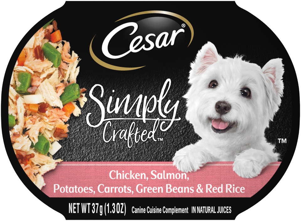 slide 1 of 1, Cesar Simply Crafted Adult Wet Dog Food Topper - Chicken, Salmon, Potatoes, Carrots, Green Beans & Red Rice, 1.3 oz