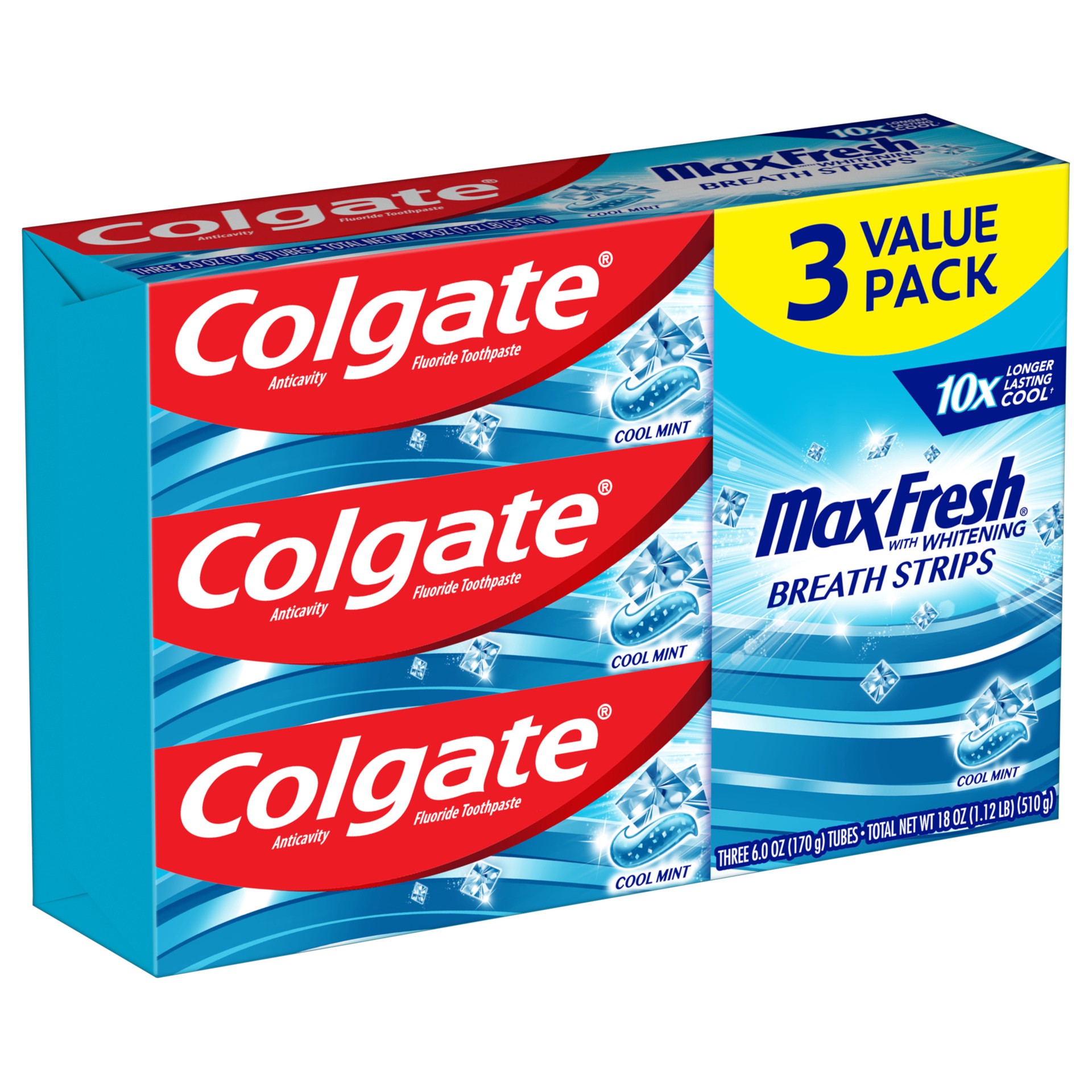 slide 9 of 10, Colgate Max Fresh Toothpaste with Mini Breath Strips, Cool Mint - 6.0 Ounce (3 Pack), 6 oz