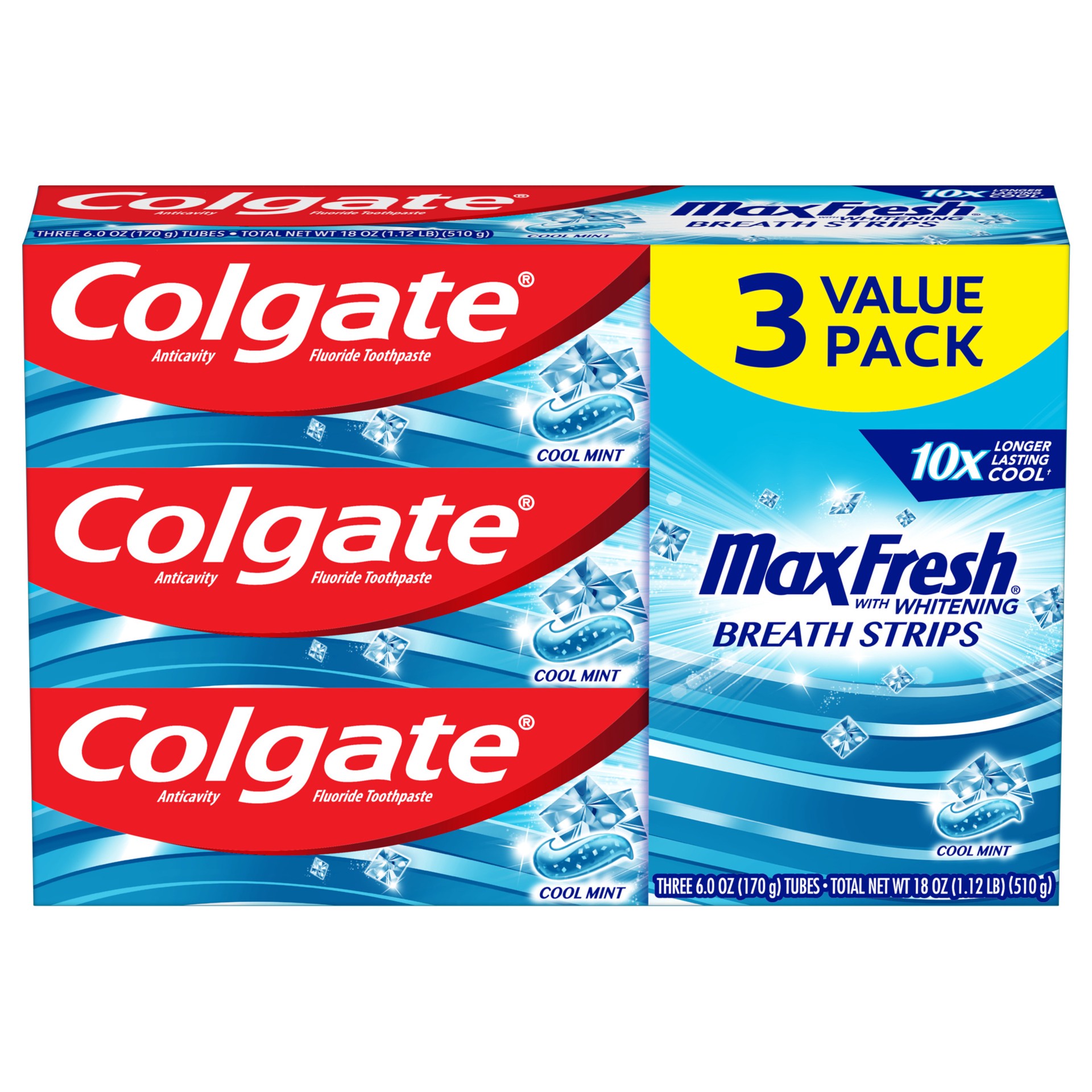 slide 1 of 10, Colgate Max Fresh Toothpaste with Mini Breath Strips, Cool Mint - 6.0 Ounce (3 Pack), 6 oz