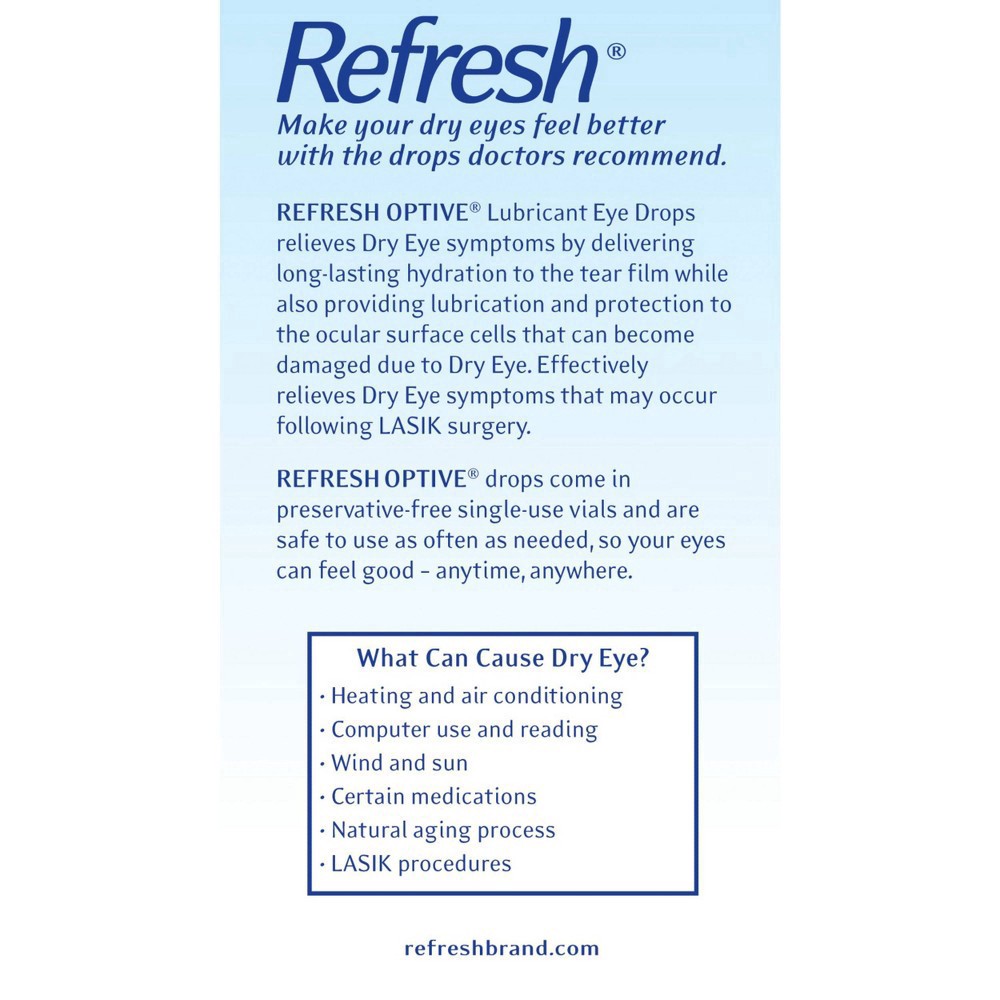 slide 11 of 11, Refresh Optive Lubricant Eye Drops Preservative-Free Tears, 0.01 fl oz (0.4 mL), 60 Single-Use Containers, 0.40 mL