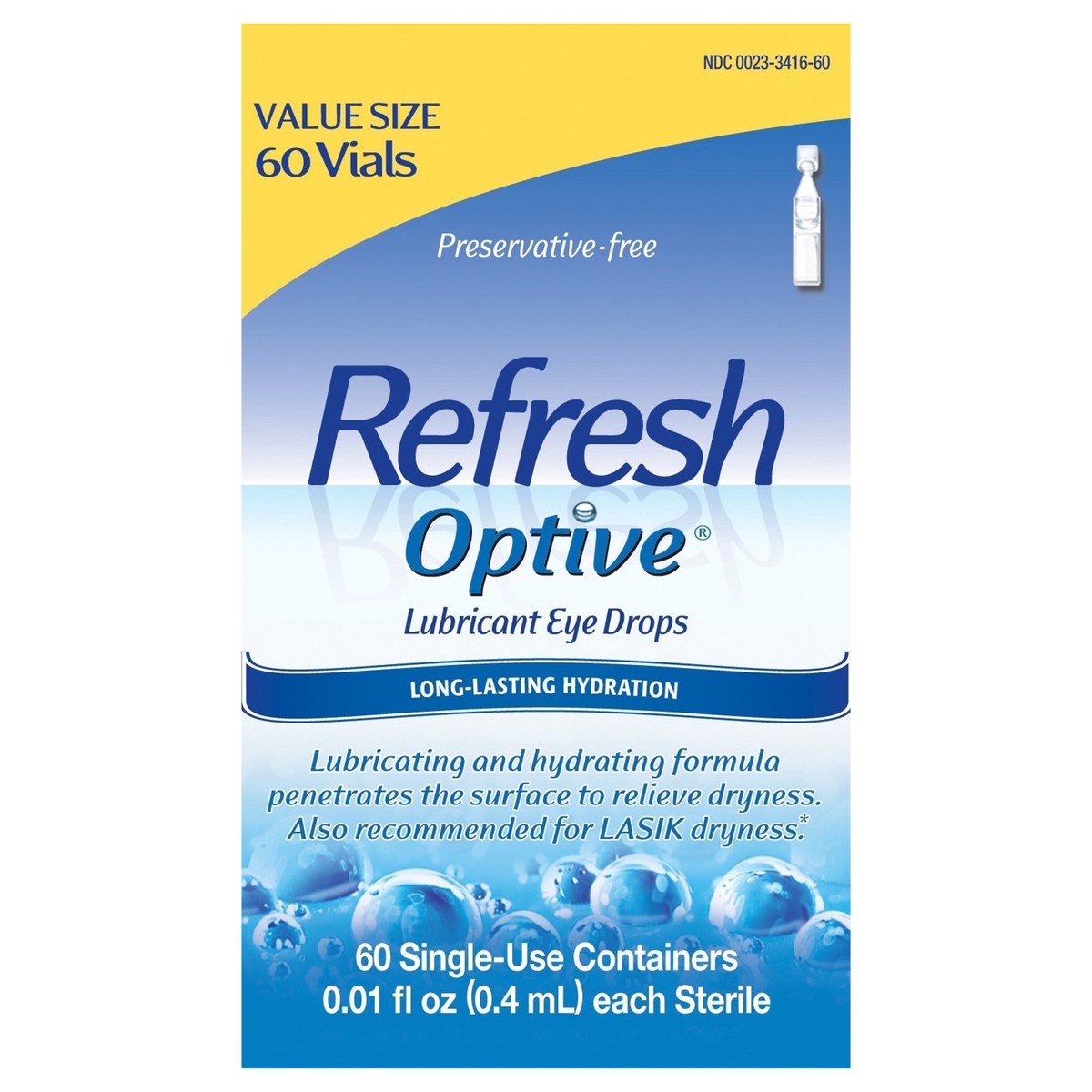 slide 1 of 11, Refresh Optive Lubricant Eye Drops Non-Preserved Tears, 60 Single-Use Containers, 0.01 fl oz (0.4 mL), 0.40 mL
