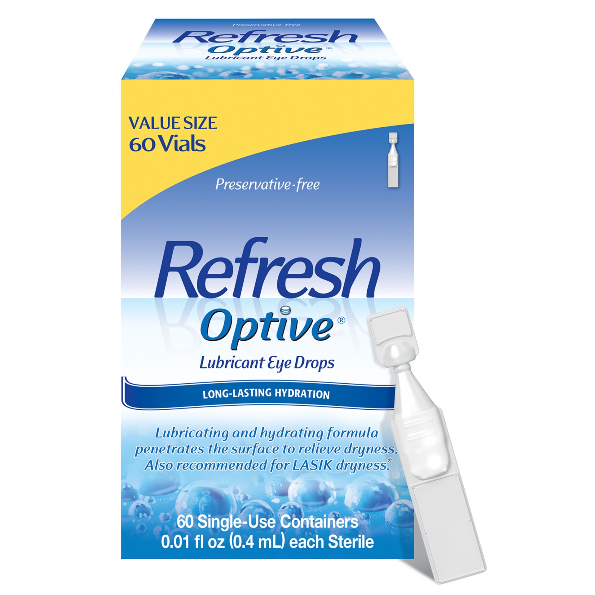 slide 1 of 11, Refresh Optive Lubricant Eye Drops Preservative-Free Tears, 0.01 fl oz (0.4 mL), 60 Single-Use Containers, 0.40 mL