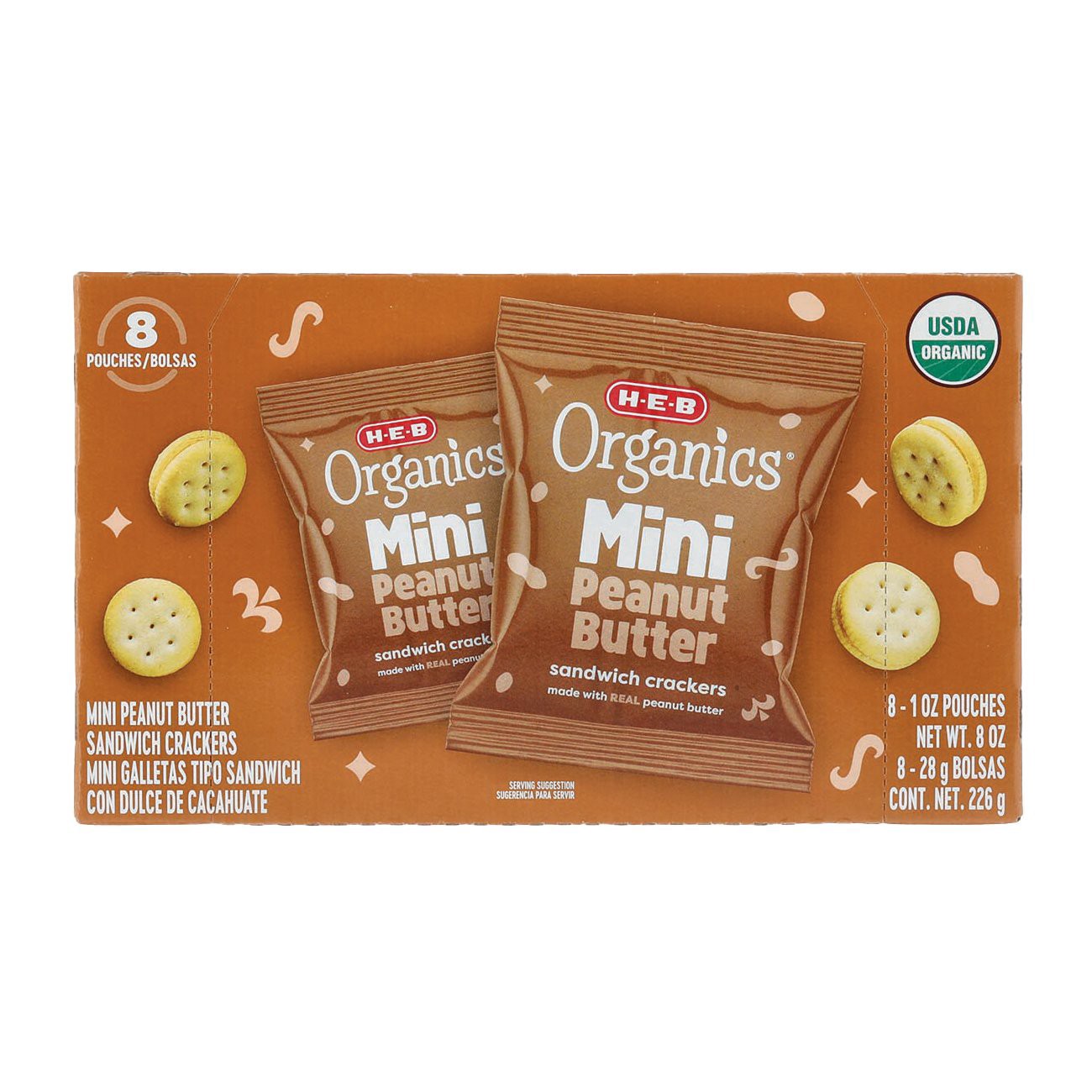 slide 1 of 1, H-E-B Organics Mini Peanut Butter Sandwich Crackers 1 oz Bags, 8 ct