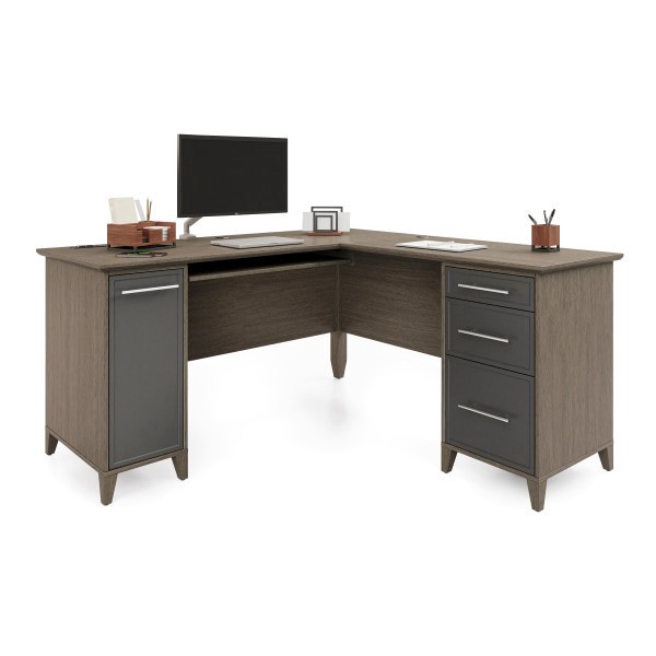 slide 2 of 2, Realspace® Koru 60""W L-Shaped Corner Computer Desk With Integrated Power & Charging, Two-Tone Slate/Gray Oak, BIFMA Compliant, 1 ct