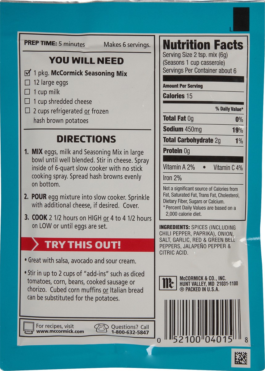 slide 8 of 10, McCormick Good Morning Mexican Egg Casserole Slow Cooker Breakfast Seasoning Mix, 1.25 oz. Packet, 1.25 oz