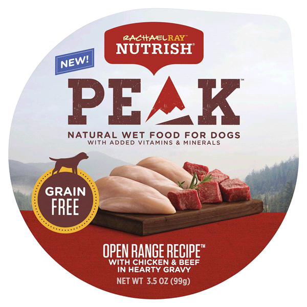 slide 1 of 1, Rachael Ray Nutrish PEAK Natural Wet Dog Food, Grain Free Open Range Recipe with Chicken & Beef in Hearty Gravy, 3.5 oz