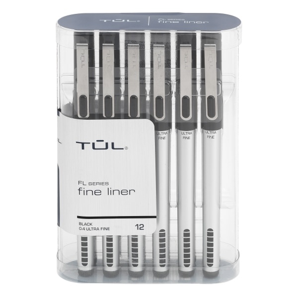 slide 1 of 2, TUL Fine Liner Felt-Tip Pens, Ultra-Fine Point, 0.4 Mm, Silver Barrel, Black Ink, Pack Of 12 Pens, 12 ct