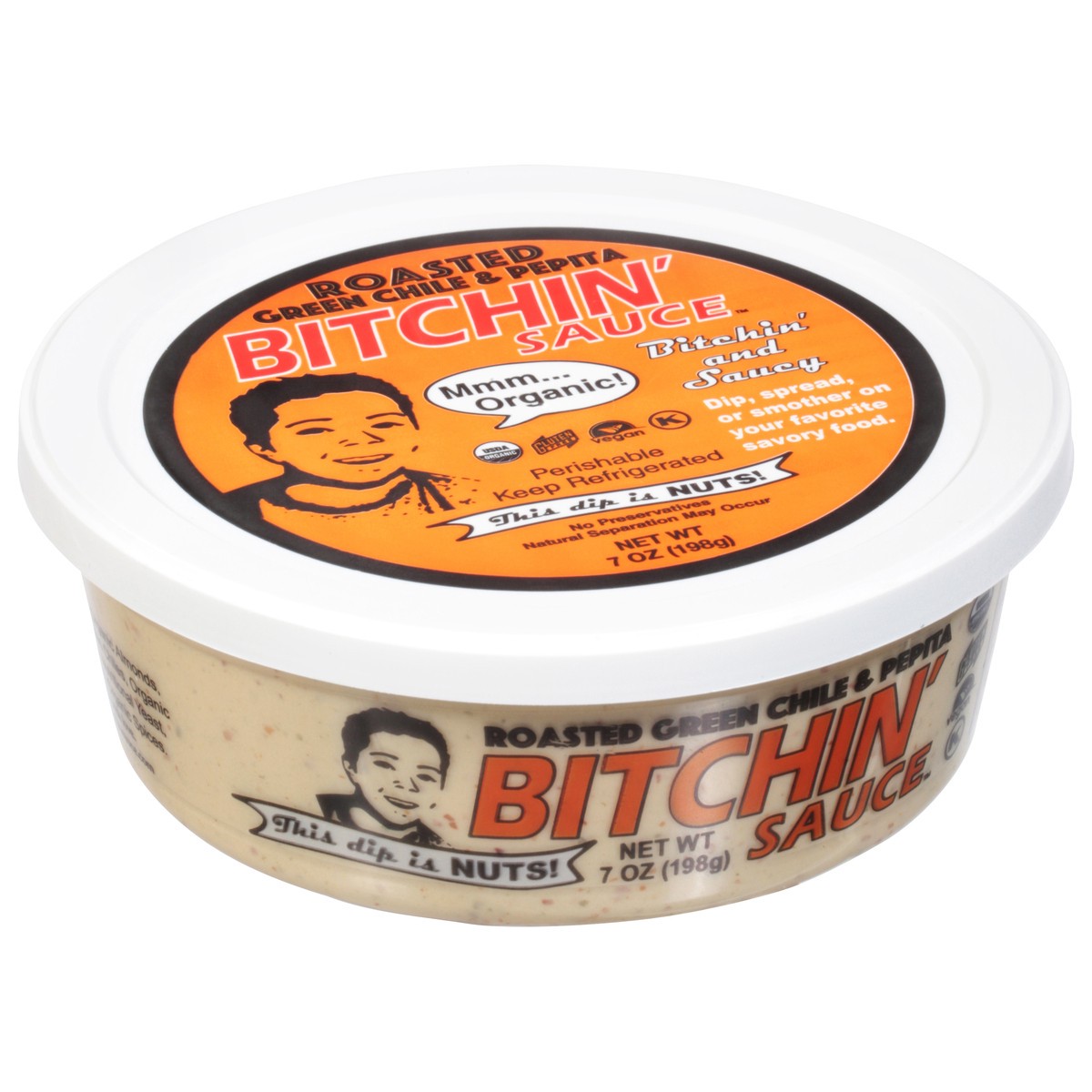 slide 5 of 9, Bitchin' Sauce Roasted Green Chile & Pepita Dip, 7 oz