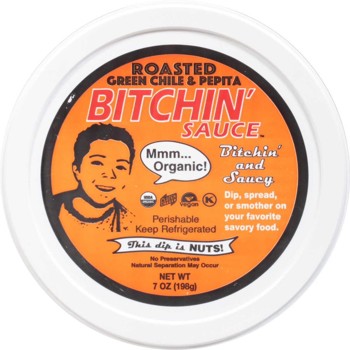 slide 7 of 9, Bitchin' Sauce Roasted Green Chile & Pepita Dip, 7 oz
